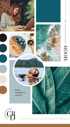 the color palette is teal, brown and blue with some green leaves in it