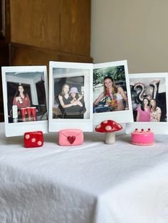 three photos are placed on top of a table with two mushrooms and one mushroom is in the foreground