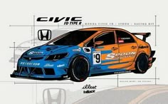 an orange and blue car is shown in this graphic art work, with the name civic on it