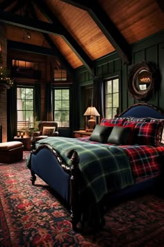 a large bed sitting in a bedroom next to a fireplace