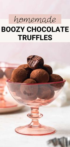 homemade boozy chocolate truffles in a glass bowl with text overlay that reads homemade boozy chocolate truffles