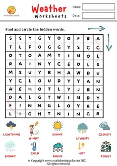 Free printable weather word search. What Is The Weather Like Worksheet, Science For Kids Worksheets, Weather And Seasons Worksheet, Weather Worksheets Preschool, Season Worksheet, Weather Word Search, Kindergarten Weather, Grade 2 Worksheets, Weather For Kids