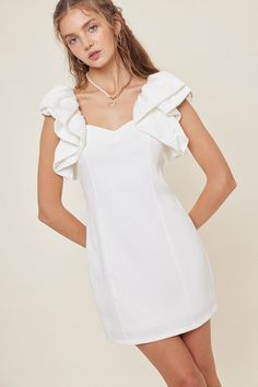 Off white fitted mini dress with a scrunch puff sleeve detail. 97% Polyester 3% Spandex White Bodycon Mini Dress With Ruffles, White Stretch Mini Dress With Ruffles, White Stretch Bodycon Dress With Ruffles, White Bodycon Dress With Ruffles, White Puff Sleeve Mini Dress With Ruffles, White Ruffled Mini Dress With Puff Sleeves, White Mini Dress With Ruffles And Puff Sleeves, Square Neck Bodycon Mini Dress For Brunch, Elegant White Mini Dress With Gathered Sleeves