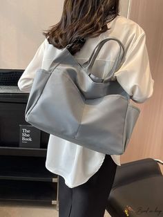 BirdinBag - Unisex Double Handle Minimalist Shopper Bag Chic Solid Color Hobo Bag For Travel, Rectangular Solid Color Hobo Bag For Errands, Gray Large Capacity Hobo Shoulder Bag, Gray Tote Shoulder Bag With Adjustable Strap, Gray Large Capacity Satchel Shoulder Bag, Gray Shoulder Bag With Adjustable Strap For Shopping, Chic Gray Shoulder Bag For Errands, Elegant Daily Use Bags With Pockets, Gray Shopping Bag With Adjustable Strap