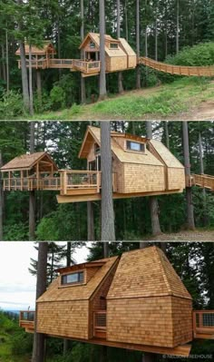 the tree house is built on stilts in the woods, and it's made out of wood