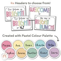 four pastel color palettes with the words welcome to bright, bright and happy