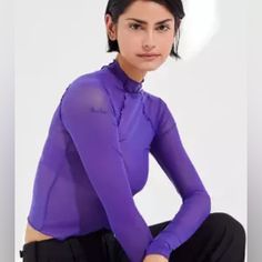 Dark Purple Out From Under Long Sleeve Sheer Mesh Mock Neck Top Never Worn Mock Neck Top, Urban Outfitters Tops, Crew Neck Top, Contrast Stitch, Dark Purple, Latest Styles, Blue Purple, Mock Neck, Blue And Purple