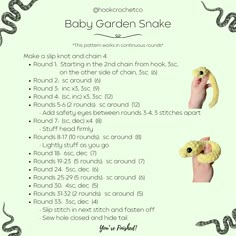 instructions for how to crochet a baby garden snake