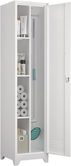 an open white cabinet with toilet paper on the shelf and other bathroom items in it