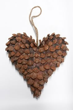 a heart shaped pine cone hanging on a string