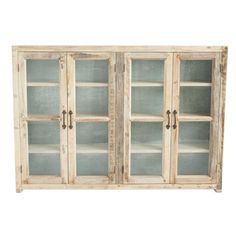 an old wooden cabinet with glass doors on the front and bottom, isolated against a white background