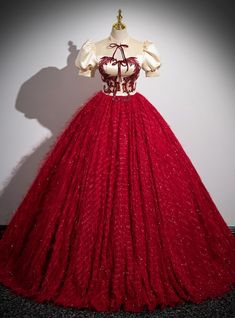 Burgundy Ball Gown Puff Sleeve Quinceanera Dress Elegant Red Tulle Quinceanera Dress, Red Tulle Quinceanera Dress, Red Tulle Quinceanera Dress For Wedding, Red Tulle Evening Dress For Quinceanera, Red Tulle Quinceanera Dress For Debutante Ball, Red Tulle Gown For Quinceanera, Red Ball Gown For Banquet, Red Quinceanera Dress With Tulle And Sweetheart Neckline, Red Quinceanera Ball Gown For Evening