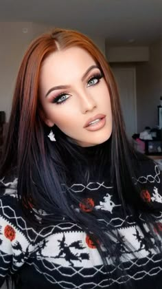 Copper Hair With Silver Highlights, Blonde With Black Peekaboo, Gothic Hair Color, Long Hair Styles Cuts, Red Hair With Silver Highlights, Hair Bangstyle, Long Hair With Undercut, Alternative Hair Color Ideas, Dramatic Hair Colors