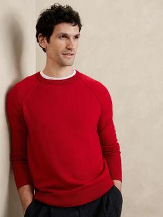 Merino Wool Sweater | Banana Republic Factory Relaxed Fit Merino Wool Sweater, Solid Merino Wool Sweater In Relaxed Fit, Merino Wool Sweater In Solid Color With Relaxed Fit, Merino Wool Ribbed Crew Neck Top, Ribbed Merino Wool Crew Neck Top, Casual Red Cashmere Tops, Everyday Cashmere Top, Classic Merino Wool Tops With Ribbed Neckline, Classic Merino Wool Top With Ribbed Neckline