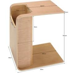 a wooden shelf with measurements for the top and bottom