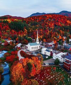 an aerial view of a small town surrounded by trees with fall foliage in the background