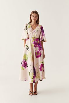 Gilda Bell Sleeve Midi Dress | Wild Hydrangea | Aje – Aje World Floral Linen Dress, A Line Wedding Guest Dress, Wild Hydrangea, Wedding Guest Dress Inspiration, Wedding Guest Dress Fall, Rehearsal Dinner Looks, Dinner Looks, Garden Formal, Wedding Guest Outfit Fall