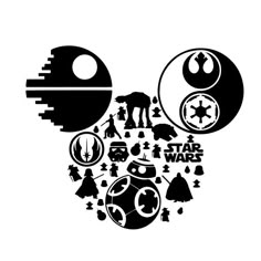 the star wars logo is shown in this black and white photo, with various symbols surrounding it