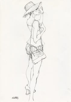 a drawing of a woman with a hat on her head and purse in her hand