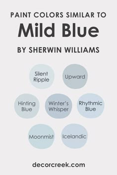 Colors Similar to Mild Blue SW-6533 by Sherwin Williams Light Blue Paint Palette, Neutral Blue Paint Colors Sherwin Williams, Light Blue Wall Paint Bedroom, Sw Hinting Blue, Light Blue Office Walls, Moonmist Sw, Pastel Blue Paint, Sw Upward, Soft Blue Paint Colors