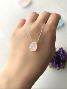 Dainty Amethyst, Rose Quartz, Moonstone or Flashy Labradorite pendant necklaces. ♥ DETAILS ♥ * 925 Sterling Silver 16/18 inches chain. * The pendants measure approx. Amethyst 12x9mm, Rose Quartz 15x12mm, Moonstone 15x9mm, Labradorite 17x8mm (please check sizes before placing your order; I'm petite and the pendants won't look the same on a bigger hand). * Please keep in mind these are natural stones, just like us, all of them are different and beautiful :) * Handmade with love. * Ready to gift. * Pink Dangle Necklaces With Gemstones, Pink Teardrop Sterling Silver Necklace, Pink Teardrop Necklace For Gift, Pink Sterling Silver Teardrop Pendant Necklace, Pink Teardrop Pendant Necklace In Dainty Style, Teardrop Crystal Necklace With Delicate Chain For Gift, Teardrop Crystal Clavicle Chain Necklace For Gift, Rose Gold Necklace With Briolette Pendant As Gift, Dainty Rose Quartz Gemstone Necklace