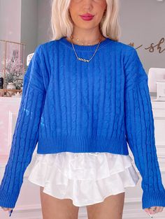 Berry Blue Sweater | Sassy Shortcake Blue Cable Knit Crew Neck Sweater, Blue Cable Knit Sweater With Crew Neck, Blue Cable Knit Sweater For Layering, Bright Blue Sweater, Sassy Shortcake, High School Outfits, Christmas Clothes, Store Front, Blue Sweater