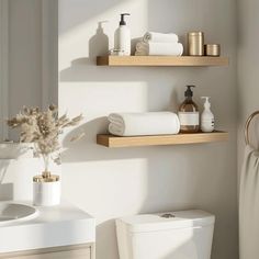 a bathroom with two shelves above the toilet