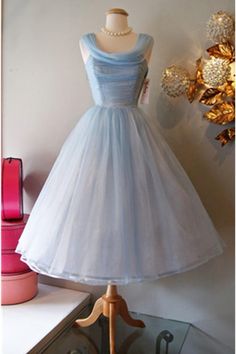 Princess Simple Homecomign Cheap Handmade Short Prom Dresses Vintage Prom Dresses 1950s, Vintage Homecoming Dresses, 1950s Prom Dress, Midi Party Dress, 1950s Dresses, Tulle Evening Dress, Blue Homecoming Dresses, Blue Party Dress, Dapper Day