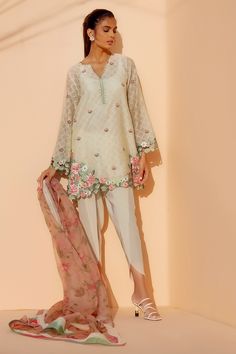 Elegant Pista Green Kurta With Floral Embroidery, Spring Cotton Silk Kurta With Resham Embroidery, Spring Tissue Silk Kurta With Resham Embroidery, Traditional Cotton Silk Salwar Kameez With Embroidered Sleeves, Designer Chanderi Dupatta With Embroidered Sleeves, Spring Designer Cotton Silk Kurta, Pista Green Silk Kurta For Spring, Festive Chanderi Dupatta With Embroidered Sleeves, Off White Floral Embroidered Kurta For Spring