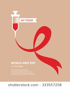 the world aids day poster with a red ribbon and syringon on beige background