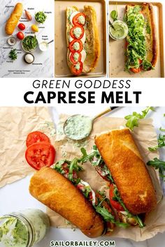 Skip the takeout and make delicious, tangy Green Goddess Caprese Melts at home. A wholesome sandwich recipe thats easy to make for a healthy and easy lunch idea or even dinner recipe! The homemade Green Goddess dressing is herby and easy to whip up. Green Goddess Caprese Melt, Caprese Melt, Goddess Dressing, Green Goddess Dressing, Lunch Idea