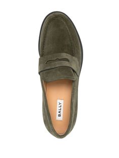 olive green calf leather suede embossed logo to the rear penny slot raised seam detail almond toe branded leather insole chunky rubber soleGender: MenMaterial: OUTER LEATHER 100% ; LINING LEATHER 100% ; SOLE RUBBER 100 %Color: GREENMade in: CHProduct ID: MSF0E5 SU009 U680F*Import tax/duty will be calculated at checkout (If applicable) Green Leather Moc Toe Loafers, Green Suede Round Toe Loafers, Green Suede Loafers With Round Toe, Luxury Green Loafers For Work, Classic Green Suede Loafers, Classic Green Loafers With Rubber Sole, Classic Green Loafers With Brogue Detailing, Classic Green Loafers For Work, Green Classic Loafers For Work