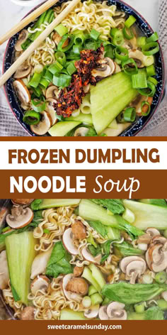 Soup with dumplings and noodles in blue bowl. There is text written between 2 images. Chicken Dumpling Soup With Frozen Dumplings, Chicken Wonton Noodle Soup, Frozen Soup Dumplings, Chinese Noodle Soup Recipes Easy, Dumpling And Noodle Soup, Dumpling Noodles Recipe, Soup With Frozen Dumplings, Easy Dumpling Soup With Ramen, Ramen And Dumpling Soup