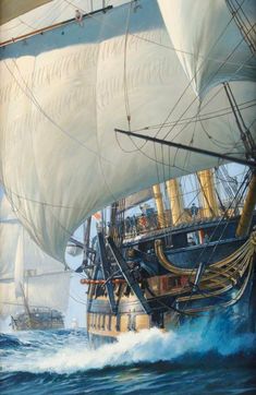 an oil painting of a sailing ship in the ocean