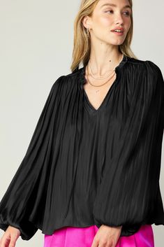 Delicate pleats enhance the billowy shape if this long-sleeve blouse. Featuring a split neckline with ruffle trim and tie detailing, it's loose, floaty, and incredibly romantic. •Split neckline with self-tie •Ruffle trim •Pleat detailing •Long sleeves with elasticized cuffs •Relaxed fit item number 2330055 100% Polyester Hand wash cold Chic Crinkle Texture V-neck Blouse, Spring Chic Blouse With Crinkle Texture, Chic Spring Blouse With Crinkle Texture, Chic Flowy Blouse With Split Neck, Chic Flowy Split Neck Blouse, Chic Pleated Long Sleeve Blouse, Chic Crinkle Texture Blouse For Workwear, Chic Long Sleeve Pleated Blouse, Chic Blouse With Crinkle Texture For Work