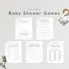 the baby shower games are on display next to flowers