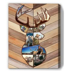 a deer's head with pictures of people and animals in it on a wood paneled wall