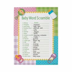 a baby word scramble board with scissors and other items on the side, including an infant's pacifier