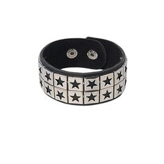 Material: Artificial Leather Color: Black Fashion Element: Five-Pointed Star Style: Retro Trendy Black Bracelets With Rivets, Edgy Silver Jewelry With Black Band, Black Rocker Jewelry For Festival, Black Rocker Style Jewelry For Festival, Black Rocker Jewelry With Rivets, Black Metal Bracelet With Rivets, Black Grunge Bracelets For Festivals, Trendy Silver Bracelets With Rivets, Edgy Adjustable Star-shaped Jewelry