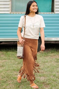 Brown Fringe Asymmetric Wrap Suede Midi Skirt Suede Midi Skirt, Brown Fringe, Fringe Fashion, Nature Dress, Fringe Dress, Suede Skirt, Western Boho, Skirts Online, Selling Clothes