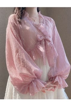 6 Color Options Misty Rain Criss Cross Neckline Long Bubble Sleeves Chiffon Lolita Blouse Misty Rain, Chiffon Cardigan, Blouse Summer, Summer Blouse, Ruffled Neckline, Modest Fashion Outfits, Fashion Design Clothes, Chiffon Blouse, Looks Vintage