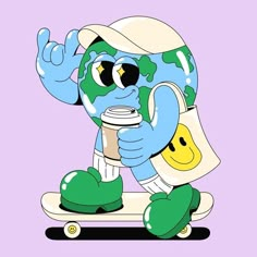 an image of a cartoon character on a skateboard holding a coffee cup and giving the peace sign