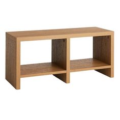 a wooden shelf with two open shelves on each side