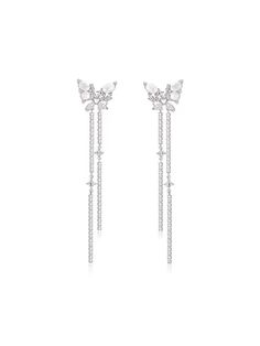 Butterfly Crystal Linear Earrings - White Gold.