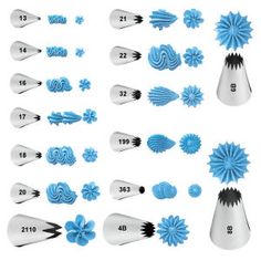 a collection of blue and white objects on a white background, including toothbrushes