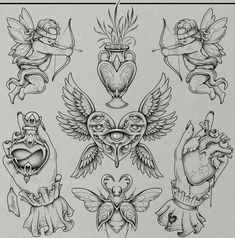 an old school tattoo design with hearts, wings and heart shaped tattoos on white paper