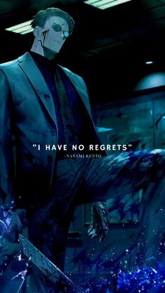 a man in a suit and tie standing next to a blue background with the words, i have no regretss