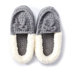 crocheted slippers with white and gray trims