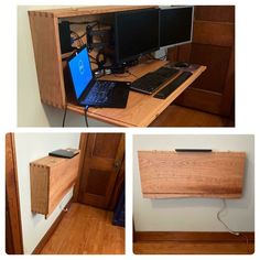 there is a desk with two computers and a laptop on it in the same room