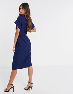 Closet London wrap tie midi dress in navy | ASOS V-neck Belted Midi Dress For Office, Belted Midi Dress For Date Night, Formal Navy V-neck Midi Dress, Belted V-neck Wrap Dress For Work, Short Sleeve Wrap Dress With Tie Waist For Work, Chic Workwear Midi Dress With Tie Waist, Knee-length Work Dresses With Tie Fastening, Midi Dress With Tie Waist For Work, Mid-length Tie Waist Work Dresses